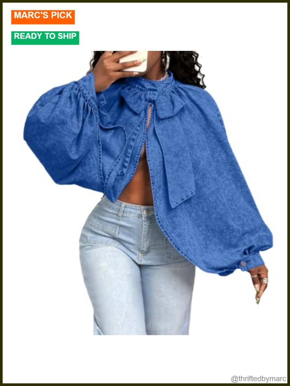 Women Acid Wash Denim Bow Tie Puff Sleeve Open Back Halter Cape Top